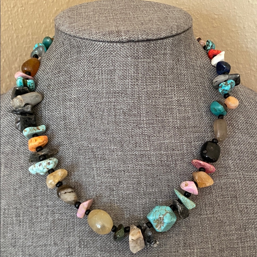 Handmade Mixed Gemstone Chip Necklace | Turquoise Look, Jasper, Quartz | 20”